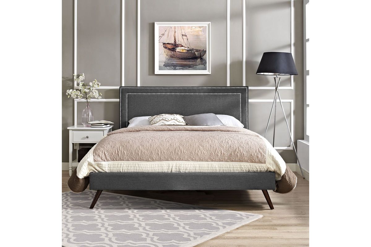 Jessamine Full Fabric Platform Bed with Round Splayed Legs in Grey