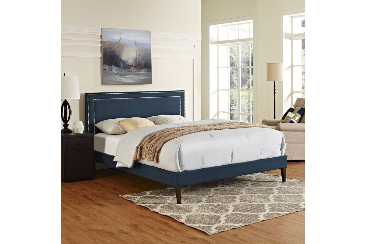Jessamine Full Fabric Platform Bed with Squared Tapered Legs in Azure