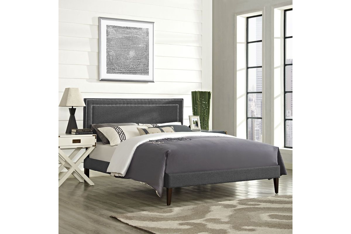 Jessamine Full Fabric Platform Bed with Squared Tapered Legs in Grey