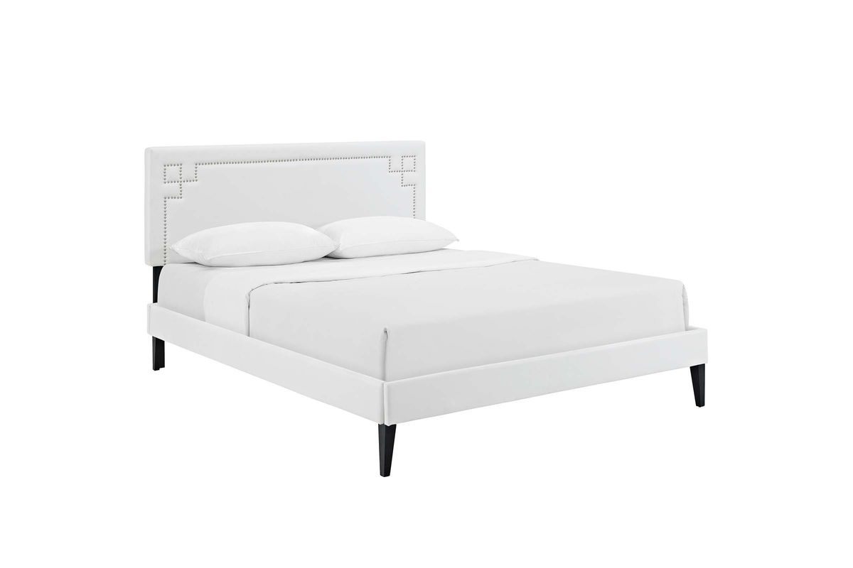 Josie Queen Vinyl Platform Bed with Squared Tapered Legs in White