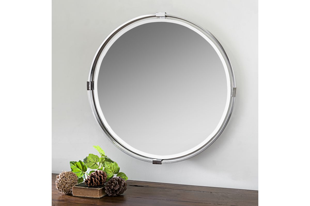 Tazlina Brushed Nickel Round Mirror at GardnerWhite