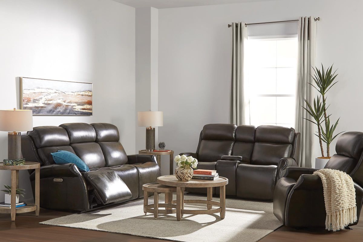 Dixon Grey Leather Power Reclining Sofa + Console Loveseat by Flexsteel