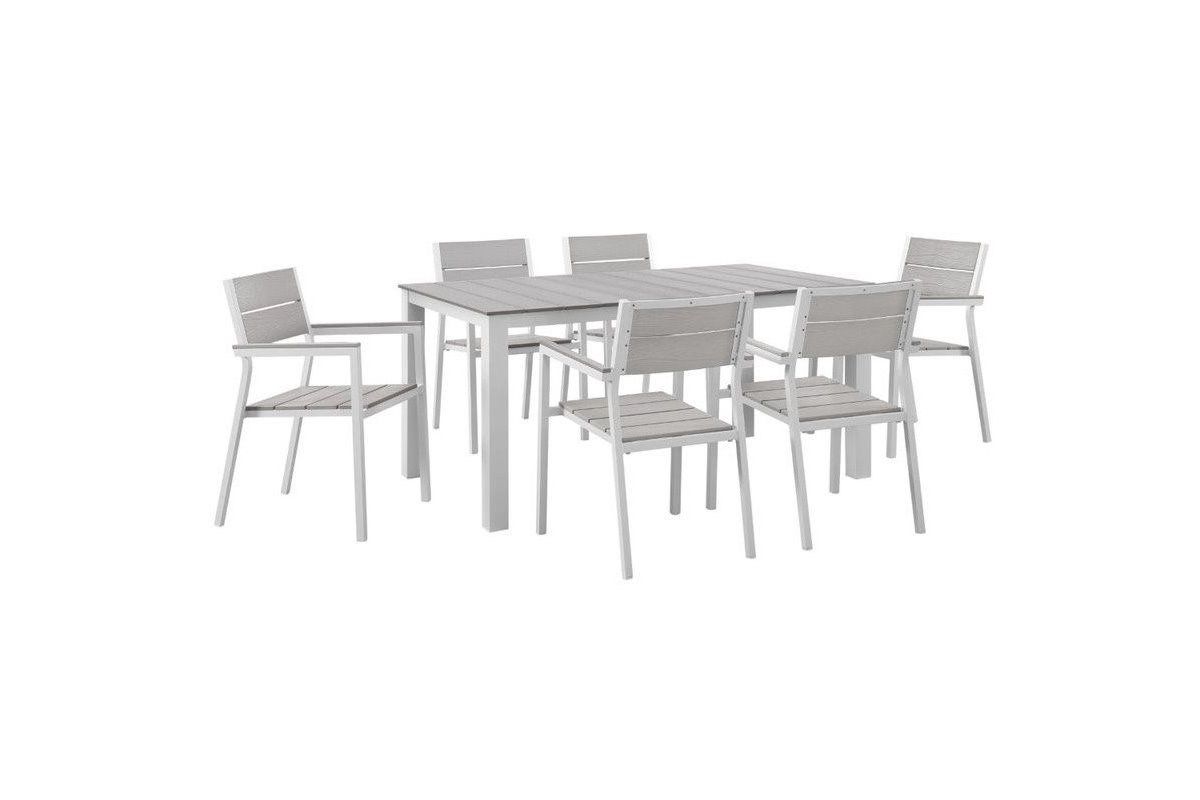 Maine 7 Piece Outdoor Patio Dining Set in White Light Gray