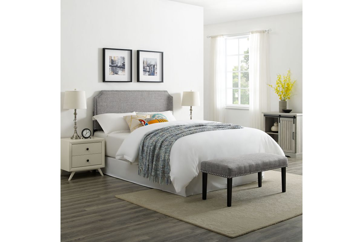 Clip Corner Grey Upholstered Full/Queen Headboard and Bench Set