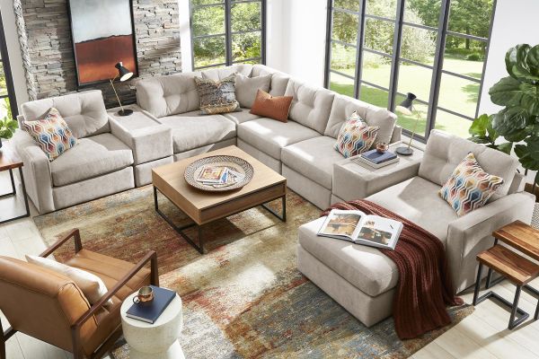 ModularOne Stone 8-Piece Sectional with E-Console & Right Arm Facing Chaise