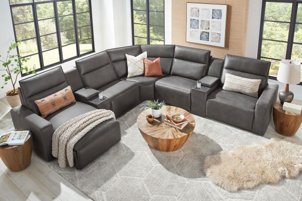 ModularTwo Grey 7-Piece Dual Power Reclining Sectional with Left Arm Facing Chaise + 2 E-Consoles
