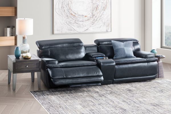 Maddox Navy Leather Triple Power Reclining Console Loveseat