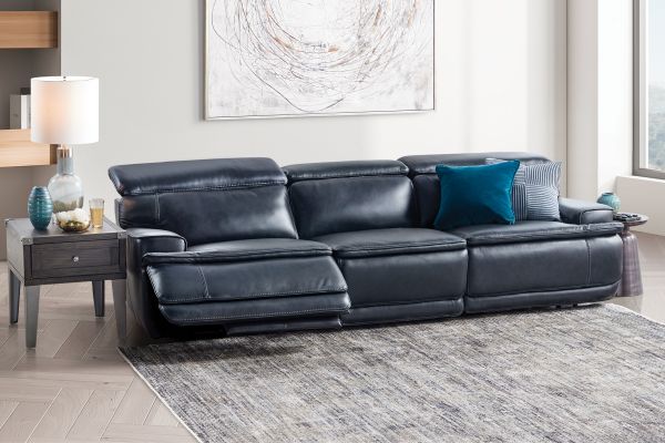 Maddox Navy Leather Triple Power Reclining Sofa