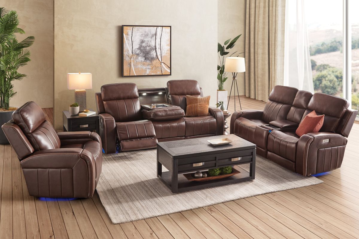 Maverick Brown Audio Triple Power Leather Reclining Console Loveseat 9