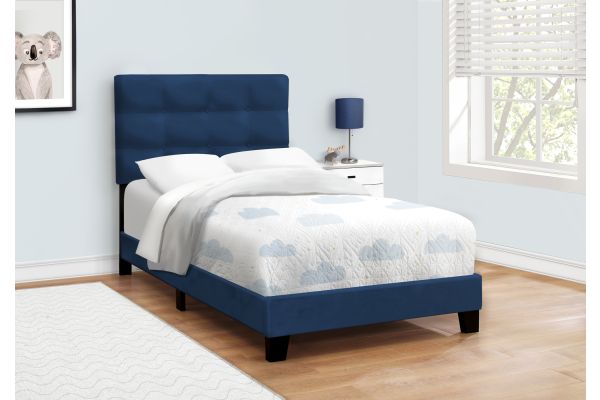 Monarch Specialties I 5918T - Twin Size Blue Upholstered Bed Frame