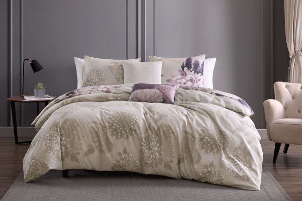 Dahlia Purple 5 Piece 100% Cotton Reversible Comforter Set - Queen