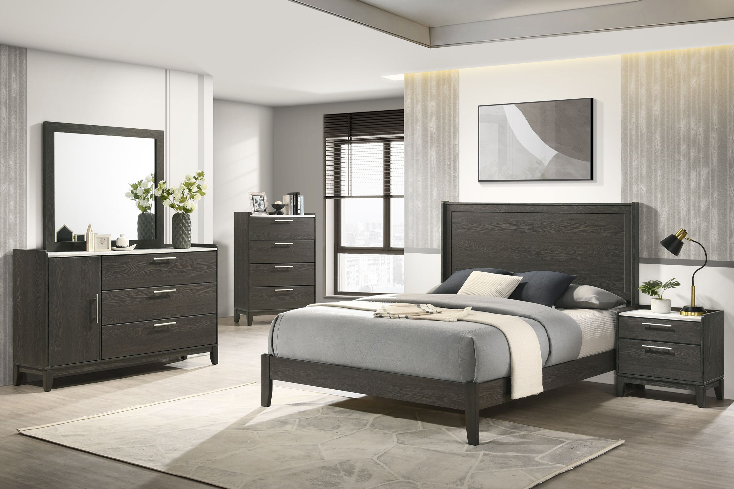 cheap grey dresser set 6-Piece Charcoal Upholstered Bedroom Set with Dresser main image 0