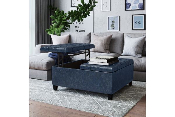 Harrison Coffee Table Storage Ottoman - Denim Blue