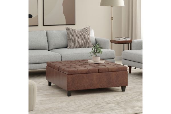 Harrison Large Square Coffee Table Storage Ottoman - Distressed Saddle Brown