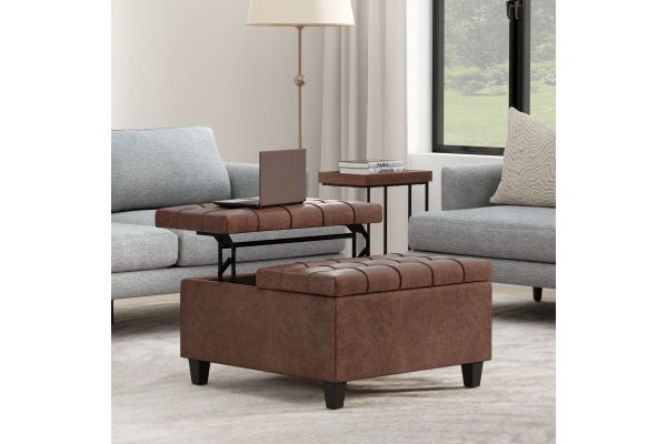 Harrison Small Square Coffee Table Storage Ottoman - Distressed Saddle Brown