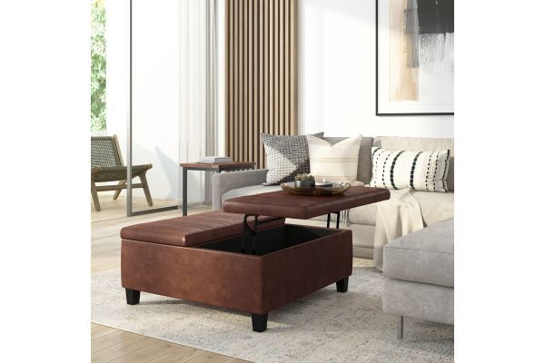 Ellis Coffee Table Storage Ottoman - Distressed Saddle Brown