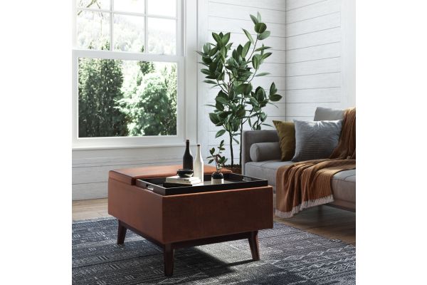Owen Tray Top Small Coffee Table Storage Ottoman - Saddle Brown