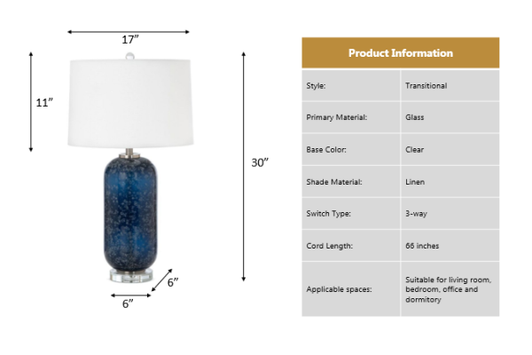 Blue Glass Table Lamp with Crystal Base (Set of 2)