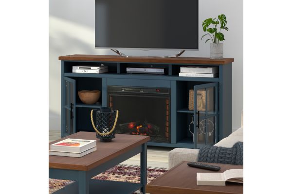 Nantucket 74 inch Fireplace TV Stand Console - Blue Denim and Whiskey