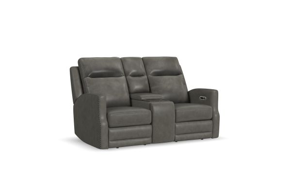 Maxwell Cinder Leather Power Reclining Loveseat with Console