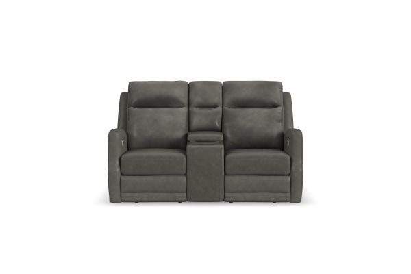 Maxwell Cinder Leather Power Reclining Loveseat with Console