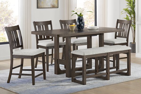 Hadley Brown Counter Table + 4 Counter Chairs + Bench