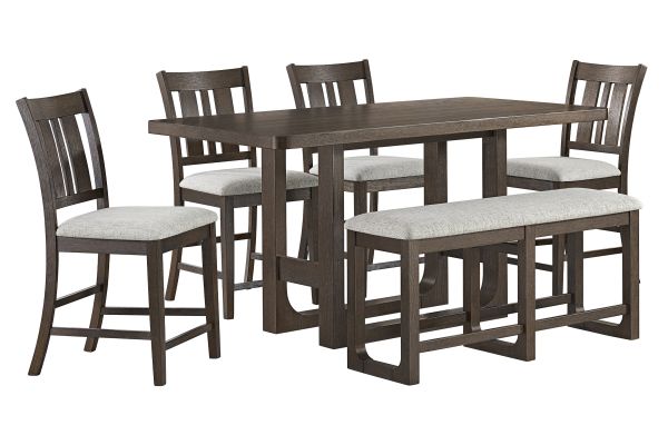 Hadley Brown Counter Table + 4 Counter Chairs + Bench