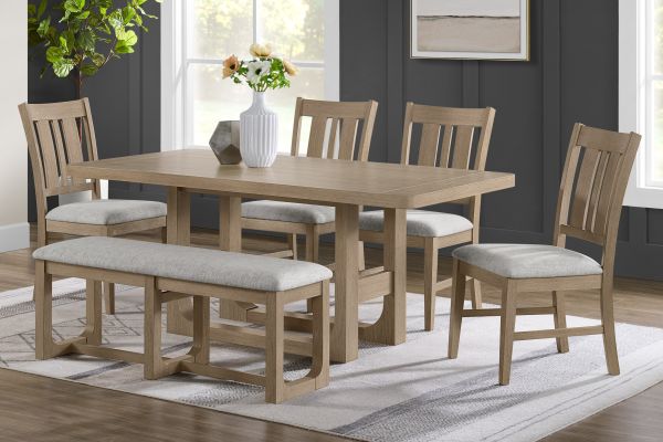 Hadley Natural Dining Table + 4 Dining Chairs + Bench