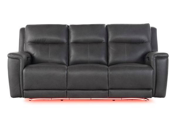Sonic Grey Leather Audio Dual Power Reclining Sofa with Heat & Massage
