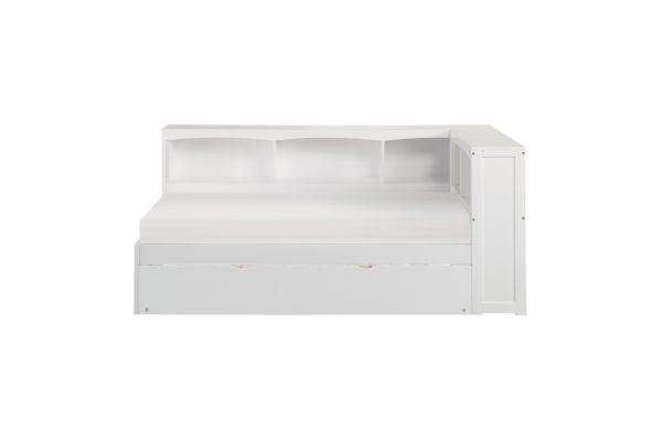 Galen White Twin Bookcase Corner Platform Bed with Trundle