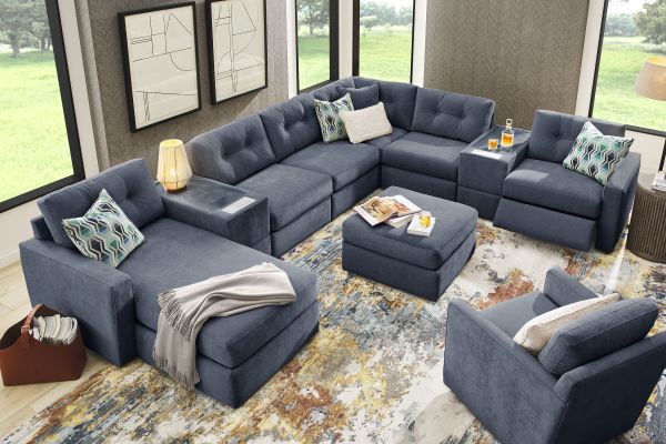 ModularOne Navy 8-Piece Power Reclining Sectional with Two E-Consoles & Left Arm Facing Chaise