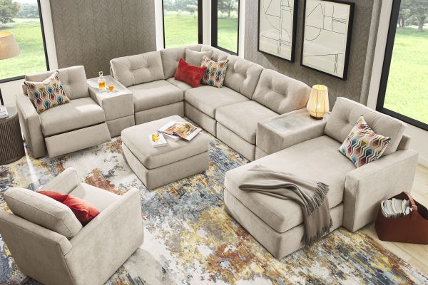 ModularOne Stone 8-Piece Power Reclining Sectional with Two E-Consoles & Right Arm Facing Chaise