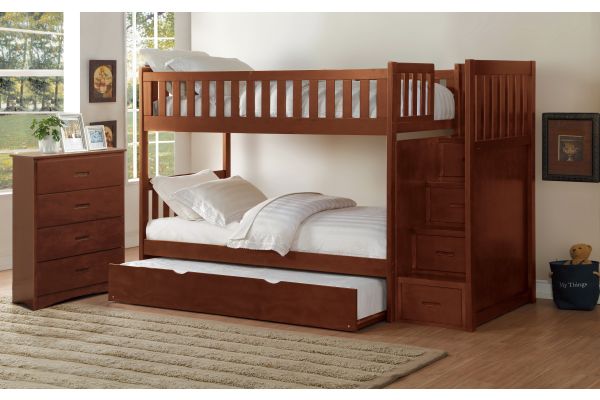 Rowe Dark Cherry Twin/Twin Step Bunk Bed with Trundle and Chest