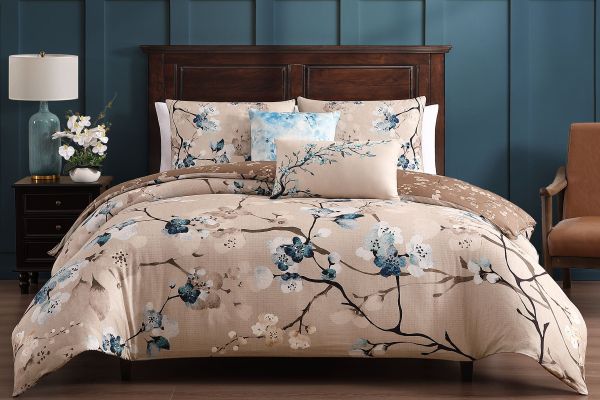 Blue Blossom 5 Piece 100% Cotton Reversible Comforter Set - Queen