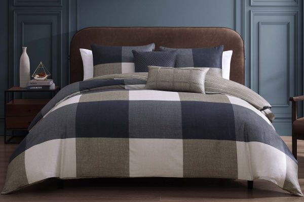 Checkered Navy 5 Piece 100% Cotton Reversible Comforter Set - Queen