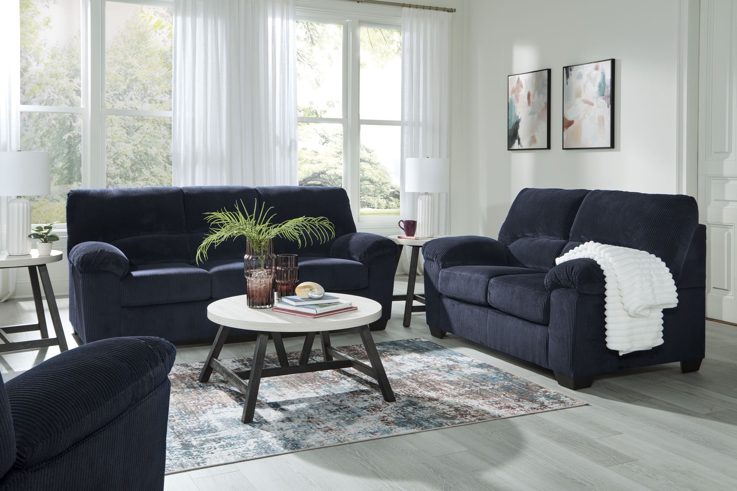 【送料込】IDEE ミニモディ ソファ 2.5人掛け ネイビー×ホワイト Simplejoy Navy 9-Piece Living Room Set at Gardner White