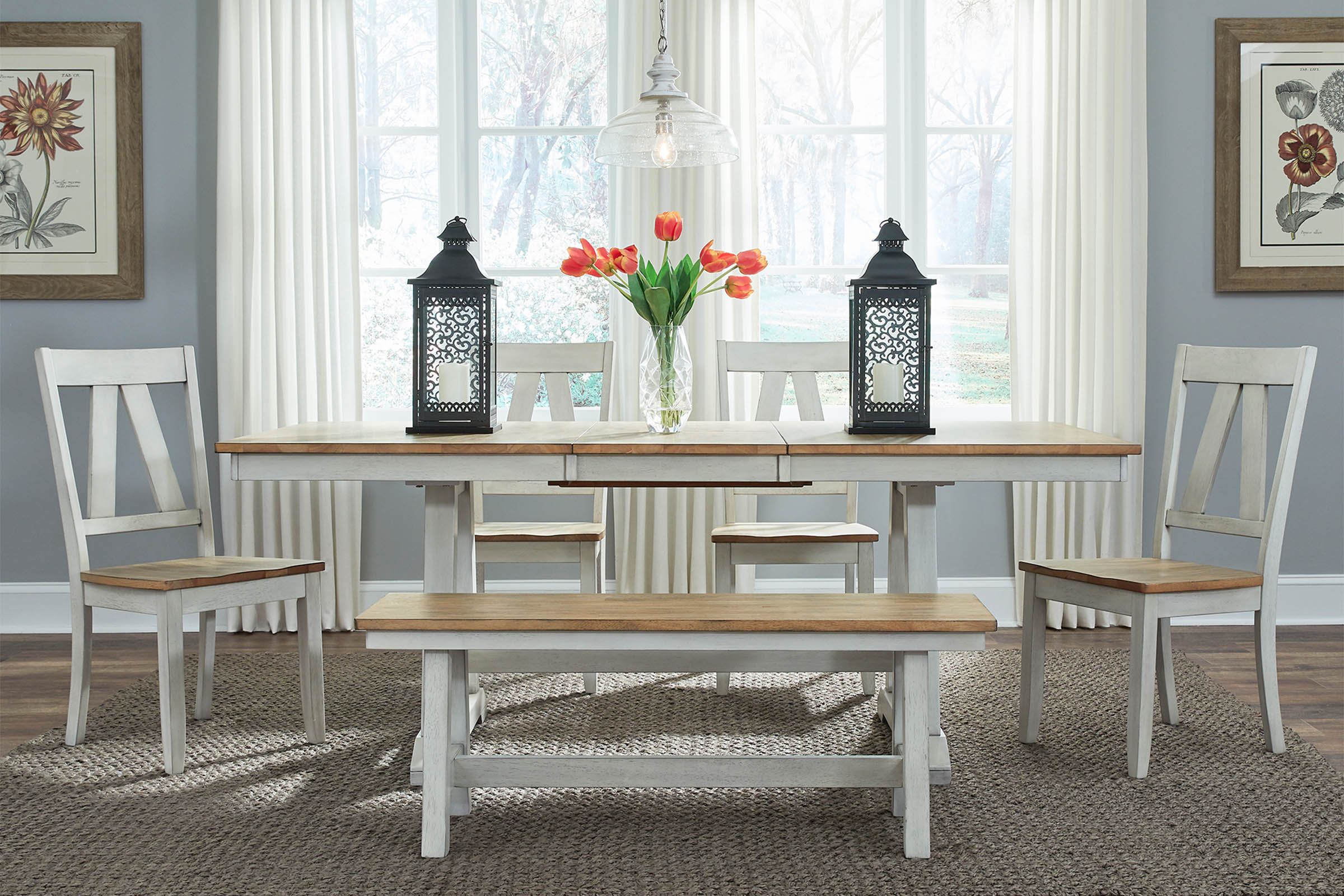 Homestead White Extendable Table + 4 Chairs + Bench at Gardner White