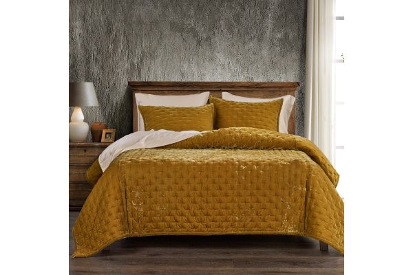 Stella 3-Piece King/Cal King Saffron Faux Silk Velvet Pintuck Quilt Set