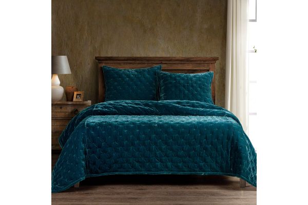 Stella 3-Piece King/Cal King Teal Faux Silk Velvet Pintuck Quilt Set