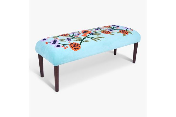 Dahlia Contemporary Blue/Multi Embroidered Velvet Upholstered Accent Bench