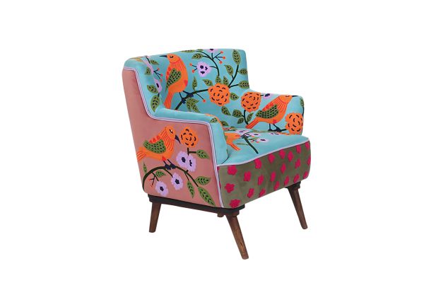 Dahlia Contemporary Blue/Multi Embroidered Velvet Upholstered Accent Chair