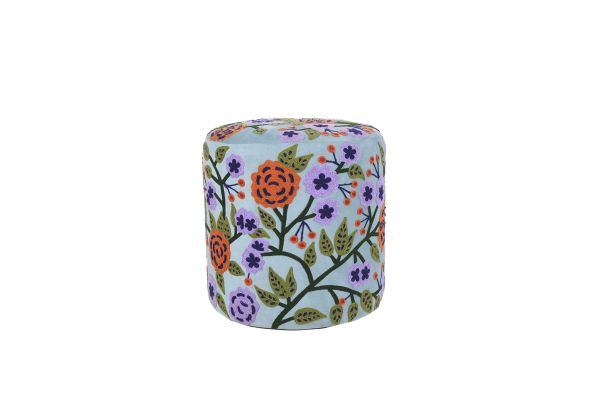Dahlia Contemporary Blue/Multi Embroidered Velvet Ottoman