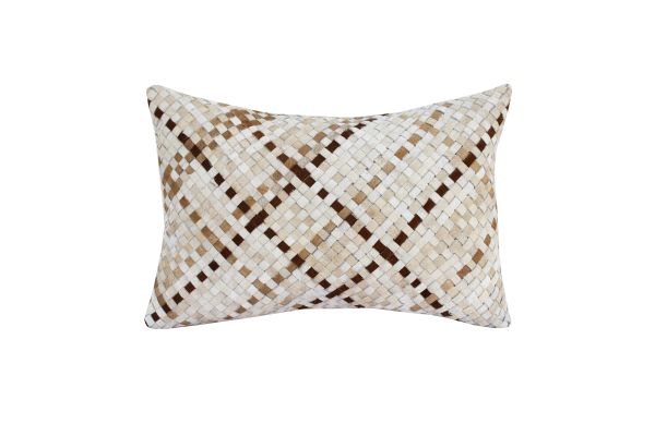 Austin Ivory/Brown Weaved Faux Leather Lumbar Pillow 16
