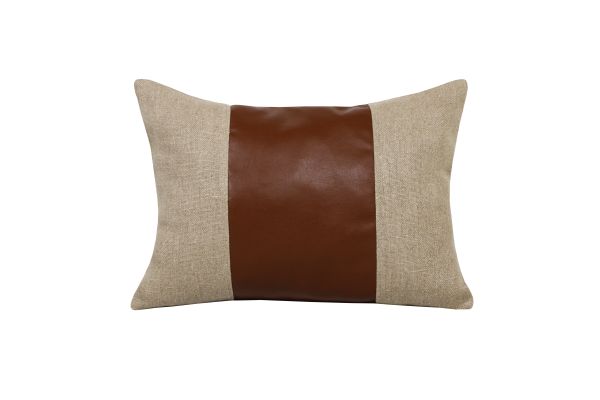 Hand-Woven Brown Striped Linen/Faux Leather Lumbar Pillow 14