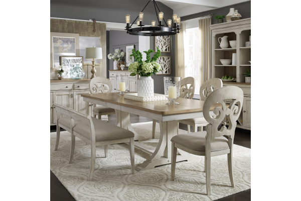 Farmhouse White 6 Piece Trestle Table Set