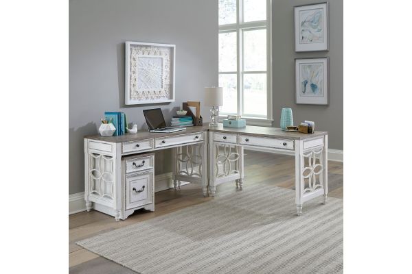 Magnolia Manor White L-Shaped Desk with File Cabinet