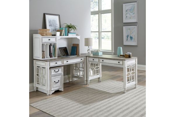 Magnolia Manor White L-Shaped Desk with Hutch and File Cabinet
