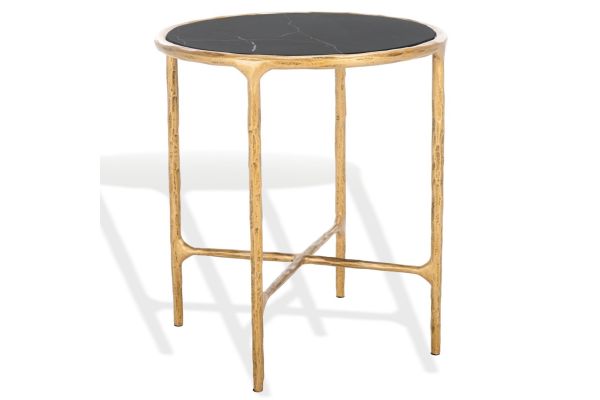 Jessa Brass Round End Table with Black Marble Top