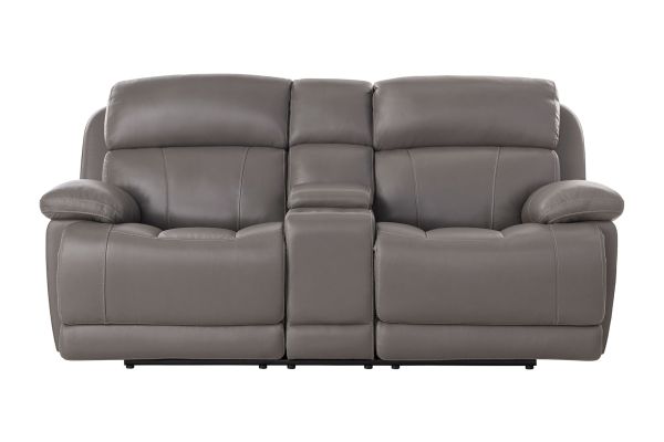 Callan Grey Leather Dual Power Console Loveseat