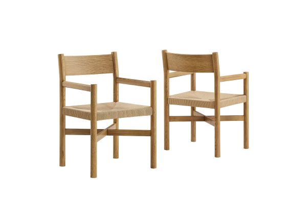 Alvia Weathered Oak Oak Wood Dining Armchairs With Woven Seats (Set of 2)